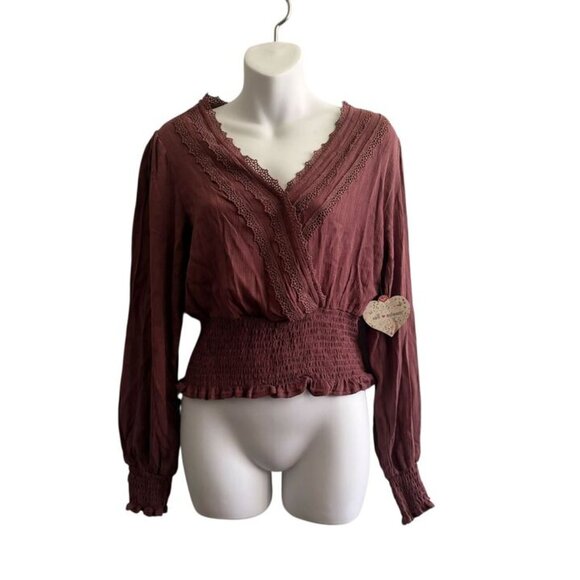 NWT Self Esteem Boho Blouse | Lace Trim Smocked Waist Top | Size M - Picture 4 of 12